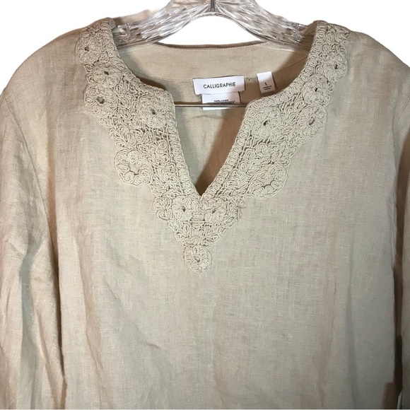 Calligraphie women’s 100% linen longsleeve V-neck blouse size L tan NWT - Picture 2 of 12